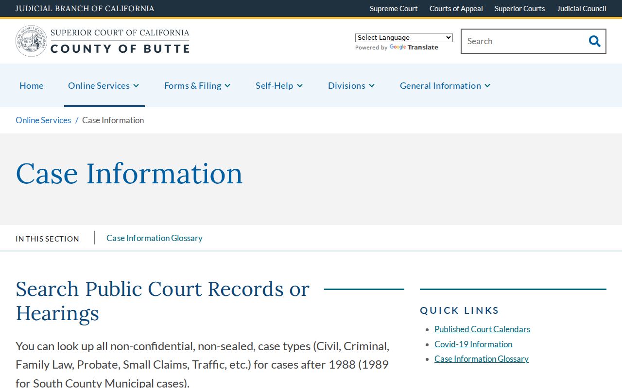 Butte County resident lookup view of the Superior Court case information portal
